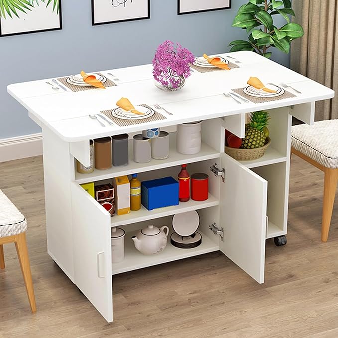 Kitchen Island with Drop Leaf, Rolling Island Cart Mobile Folding Dining Table with 4 Wheels and Shelf(White,L130cm/51in)