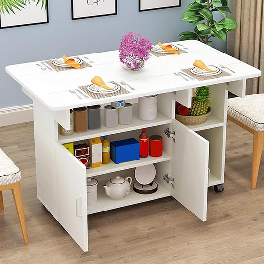 Kitchen Island with Drop Leaf, Rolling Island Cart Mobile Folding Dining Table with 4 Wheels and Shelf(White,L130cm/51in)