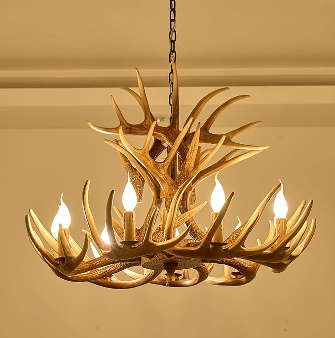 Rustic Antler Chandelier 9-Light, Farmhouse Deer Antler Chandelier Lighting, Retro Antler Light Fixtures for Living Room Dinning Room Kitchen Foyer Bar Store (9 lamp arms + 6arms)