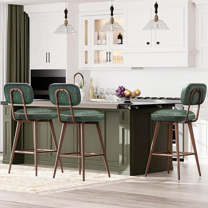 MALOL 26“ Swivel Bar Stools Set of 3, Mid Century PU Leather Counter Height Bar Chairs with Low Back and Metal Legs, Modern Bar Stool Chair for Kitchen Island, Green