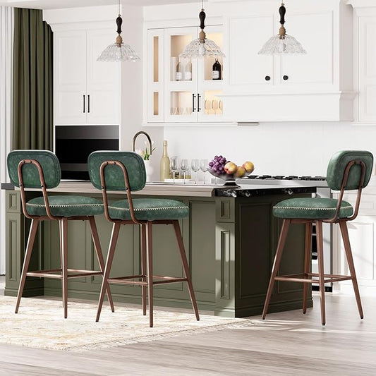 MALOL 26“ Swivel Bar Stools Set of 3, Mid Century PU Leather Counter Height Bar Chairs with Low Back and Metal Legs, Modern Bar Stool Chair for Kitchen Island, Green