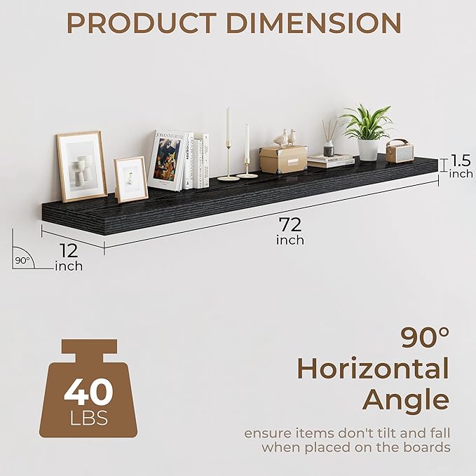 RICHFOCUS Deep Floating Shelves for Wall 2 Pack 12" D 36 Inch Wall Shelves for Room Wall|Wood Hanging Shelf with Invisible Brackets for Bathroom Bedroom Kitchen Laundry Room, Black