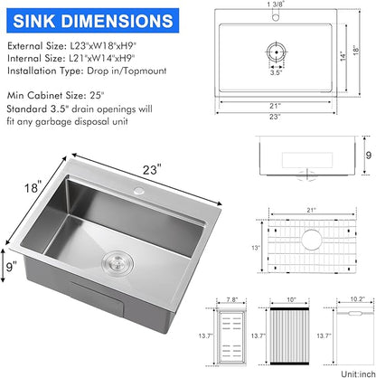 MENATT 23 Inch Kitchen Sink Drop In, 18 Gauge Stainless Steel Topmount Single Faucet Hole Single Bowl Ledge Workstation Kitchen Sink (Brushed)