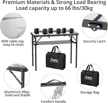 Anbte Folding Camping Table, Aluminum Small Folding Table 3 Adjustable Height Max 27.5", Portable Table with Carry Handle, Lightweight, for Outdoor Indoor Travel Camping Picnic BBQ, 34.6" x 15.7"