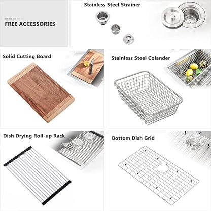 28 Inch Drop In Kitchen Sink Workstation-VASOYO 28x20 Drop In Sink Topmount 16 Gauge Deep Stainless Steel Single Bowl Kitchen Sinks with Cutting Board
