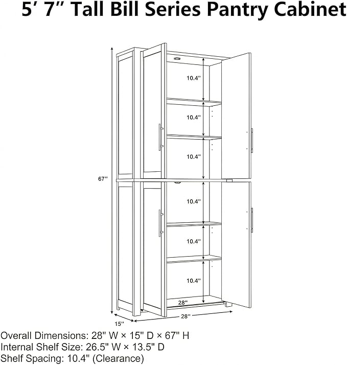 Casaphoria Kitchen Pantry Cabinet, 67" Tall Freestanding Kitchen Cabinet with 4 Adjustable Shelves, 28" W Storage Cabinet for Kitchen Pantry Organization (Black, Single)