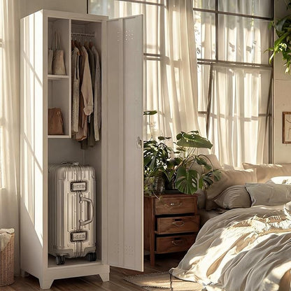 Slim Broom Storage Cabinets, Metal Cabinet with Shelves and Hanging Rod, 15.75" W Utility Storage Cabinet with Locking Door, Slim Cabinet for Small Spaces, Kitchen, Pantry, Office, Shop