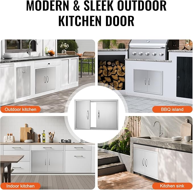 VEVOR BBQ Access Door, 30.5W x 21H Inch Double Outdoor Kitchen, Stainless Steel Flush Mount, Wall Vertical With Handles, for BBQ Island, Grilling Station, Outside Cabinet