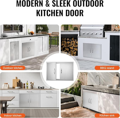 VEVOR BBQ Access Door, 30.5W x 21H Inch Double Outdoor Kitchen, Stainless Steel Flush Mount, Wall Vertical With Handles, for BBQ Island, Grilling Station, Outside Cabinet