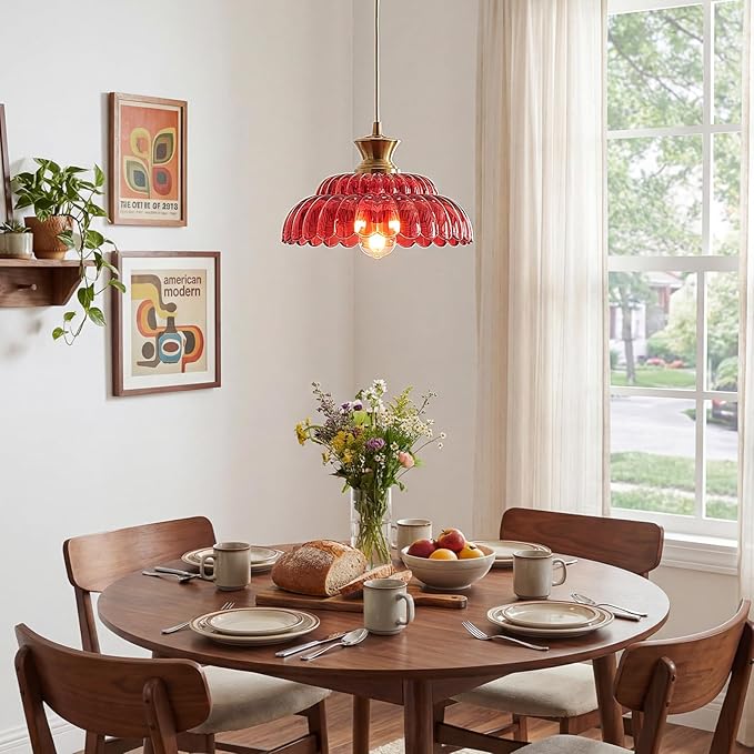 Red Glass Pendant Light, 11.8" Vintage Pendant Lighting Brushed Gold Glass Light Fixtures Red Chandelier Modern Hanging Ceiling for Dining Room Kitchen Island Sink Bedroom Foyer Entryway