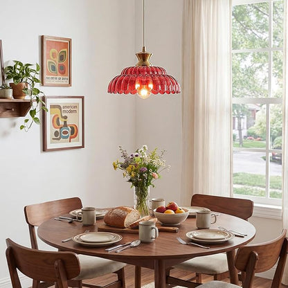 Red Glass Pendant Light, 11.8" Vintage Pendant Lighting Brushed Gold Glass Light Fixtures Red Chandelier Modern Hanging Ceiling for Dining Room Kitchen Island Sink Bedroom Foyer Entryway