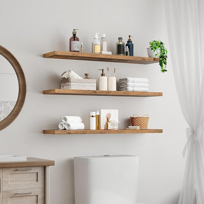 RALGEND Floating Shelves for Wall, 39.4" Long Wall Shelf Set of 3 with Invisible Bracket, 1.5" Thick Hanging Shelves Farmhouse Home Decor for Bathroom, Living Room, Bedroom Rustic Brown 10301BJP3BF