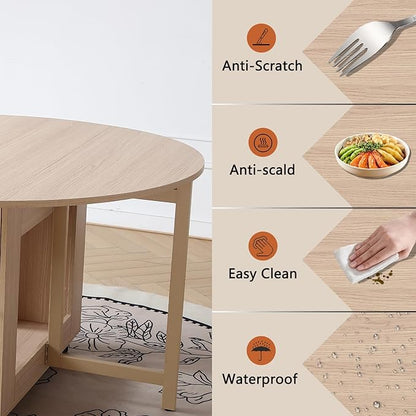 COMUHOME 47.3" Round Folding Dining Table for 4-8, Wood Kitchen Foldable Dining Table Large Drop Leaf Dinner Table with Storage Shelf Metal Legs for Home Dining Room Living Room in Wood Color