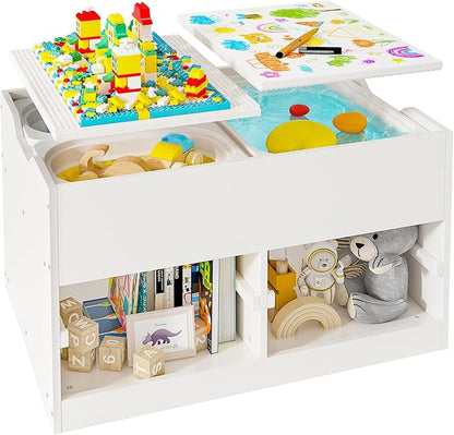 Easyego Kid Sensory Table with Storage - Activity Table with Foldable Storage Bins, Birthday Gifts for Boys and Girls - White