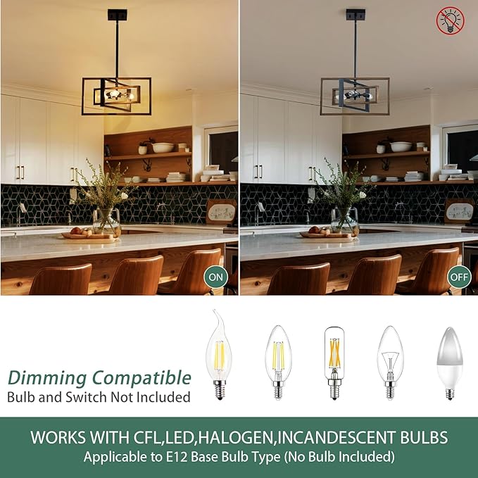 Black Chandelier, 3-Light Farmhouse Rectangular Ceiling Lighting Fixtures, 16" Faux-Wood Metal Pendant Light Height Adjustable for Foyer, Entryway, Kitchen, Dining Room