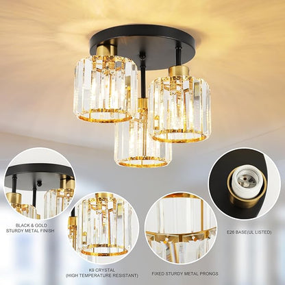 Semi Flush Mount Ceiling Light 3-Light Black Flush Mount Ceiling Light Fixture with K9 Crystal Shades, Industrial Kitchen Ceiling Light for Hallway Entryway Bedroom, E26 Socket