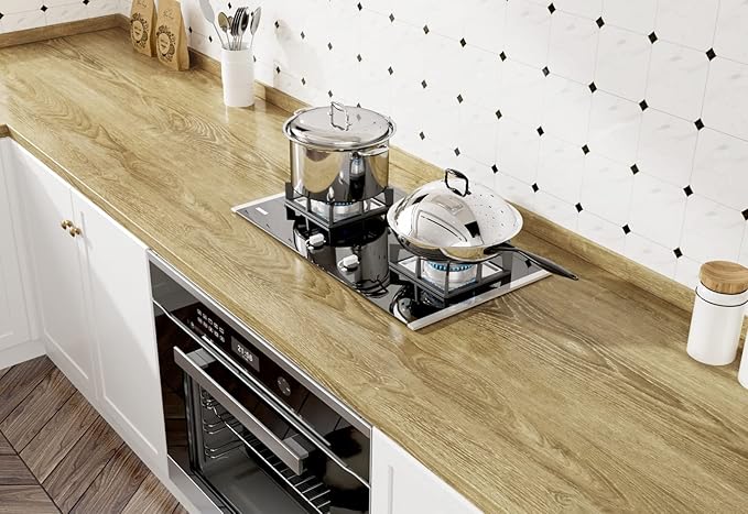 WESTICK Glossy Brown Wood Contact Paper Self Adhesive Wooden Wallpaper Kitchen Countertop Peel and Stick Waterproof Removable Faux Wood Grain Contact Paper for Countertops Tables Cabinets 196"x15.8"