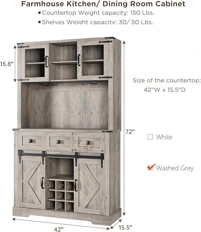 IDEALHOUSE 72" Coffee Bar Cabinet with Storage, Farmhouse Large Kitchen Pantry Hutch with Sliding Barn Door, Tall Grey Buffet Cabinet with 3 Drawer and Wine & Glasses Rack, for Living Dining Room