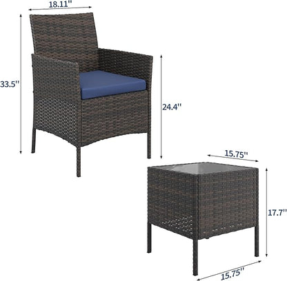 GAOMON 3-Piece Patio Furniture Set, Modern PE Rattan Conversation Set with 2 Chairs & Tempered Glass Coffee Table, All-Weather Outdoor Seating for Garden, Porch, Balcony, Poolside, Brown/Navy Blue