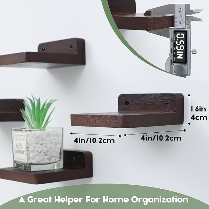 Small Floating Shelf, 4x4 Inch Display Ledges for Wall,Mini Shelves,Rustic Wood Shelf for Bedroom Living Room Bathroom Kitchen (4, Dark Walnut)