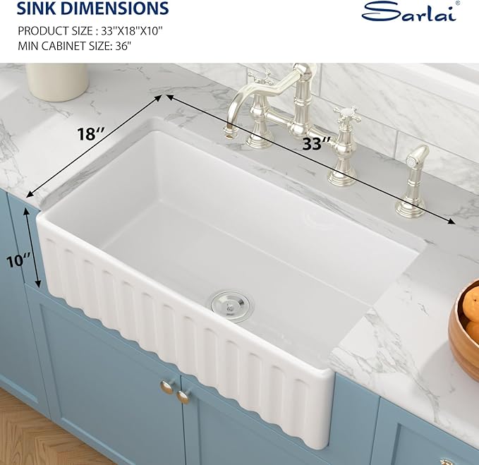 Sarlai 33 White Farmhouse Sink - 33x18 Inch Farm Kitchen Sink Reversible Apron Front White Ceramic Porcelain Fireclay Single Bowl Farmer Sinks