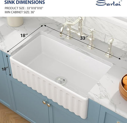 Sarlai 33 White Farmhouse Sink - 33x18 Inch Farm Kitchen Sink Reversible Apron Front White Ceramic Porcelain Fireclay Single Bowl Farmer Sinks