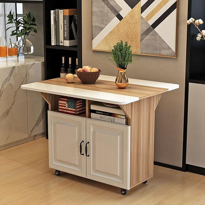 Folding Dining Table, Multi-Purpose Dining Table, 2 Level lockers, Removable Kitchen Table with Pulley, Suitable for Small Space Restaurant Kitchens (Light White)