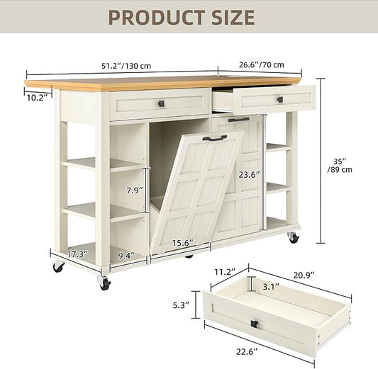 DWVO Kitchen Island with Drop Leaf, Tilt Out Trash Can Cabinet, Mobile Storage Islands with Power Outlet, Americana Rolling Island Table on Wheels with Open Shelves for Dining Room, Off White