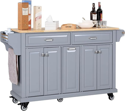 GOWE Kitchen Island with Rubber Wood Countertop, Kitchen Cart on 5 Wheels with Storage Cabinet and 2 Top Drawers and A Center Double Layered Storage Drawer for Dinning Room, Grey