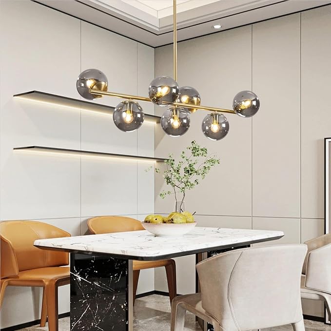 KCO Lighting Mid Century Modern Globe Sputnik Chandelier Gold Brass Linear Pendant Hanging Light Fixture 7-Light Smoke Glass Sphere Chandelier Kitchen Island Dining Room Chandelier