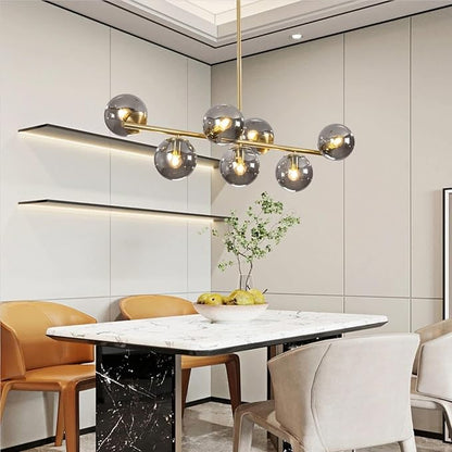 KCO Lighting Mid Century Modern Globe Sputnik Chandelier Gold Brass Linear Pendant Hanging Light Fixture 7-Light Smoke Glass Sphere Chandelier Kitchen Island Dining Room Chandelier