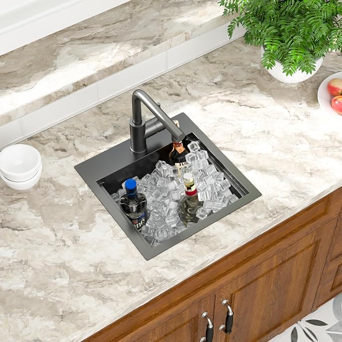 Mocoloo 15 Inch Black Bar Sink with Faucet, 16 Gauge Drop in Workstation Sink - 15x15x9" Stainless Steel Single Bowl Small Rv Kitchen Sink with Pull-Out Faucet