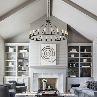Wagon Wheel Chandelier, Large Black Farmhouse Chandelier for Dining Room Light Fixture, 20-Light 48 Inch Extra Hanging Lighting for High Ceilings Living Room Kitchen Island Foyer Villa