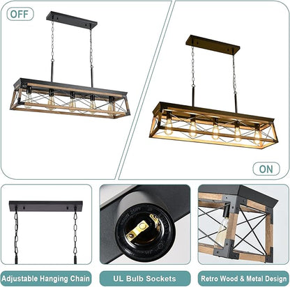 Airposta Farmhouse Rustic Wood Chandelier, 5 Lights Metal Rectangle Dining Room Swag Lighting, Kitchen Island Industrial Linear Cage Pendant Light Fixtures Hanging Lamp