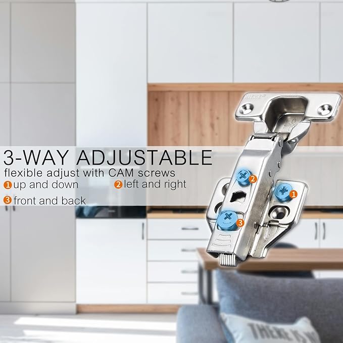 XIEHE Hardware 110 Degree Clip-on Soft Closing Full Overlay Frameless Hinges 10 Pack, for Kitchen Cabinets Door Brushed Nickel 3D Flush Mount European Hinge with Screws
