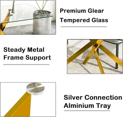 Henf 51.18'' Glass Dining Table for 4-6 People, Rectangular Kitchen Table with Gold Metal Legs, Tempered Glass Top Dining Room Table for 4