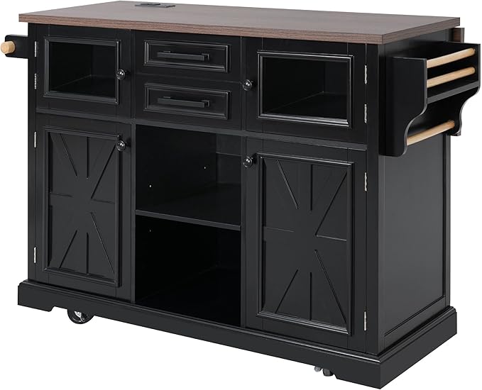 54.9" Kitchen Island with Drop Leaf and Drawers, Rolling Kitchen Cart with Shelves and Storage Cabinet, Kitchen Prep Table on Wheels with Power Outlet and Cross Barn Doors & Visual Glass Door Black
