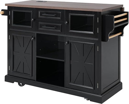 54.9" Kitchen Island with Drop Leaf and Drawers, Rolling Kitchen Cart with Shelves and Storage Cabinet, Kitchen Prep Table on Wheels with Power Outlet and Cross Barn Doors & Visual Glass Door Black