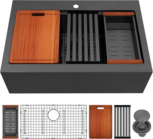 33 Inch Farmhouse Sink Black, 16 Gauge 304 Stainless Steel Farm Sinks, Drop In Topmount Single Bowl Workstation Sink with all Accessories, 33" x 22" x 10" Deep Kitchen Sink