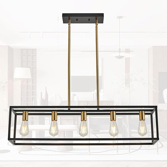 Kitchen Light Fixtures Farmhouse Rectangle Chandeliers Dining Room Light for Dining Rooms, Light Fixture Matte 5-Light Industrial Pendant Lighting