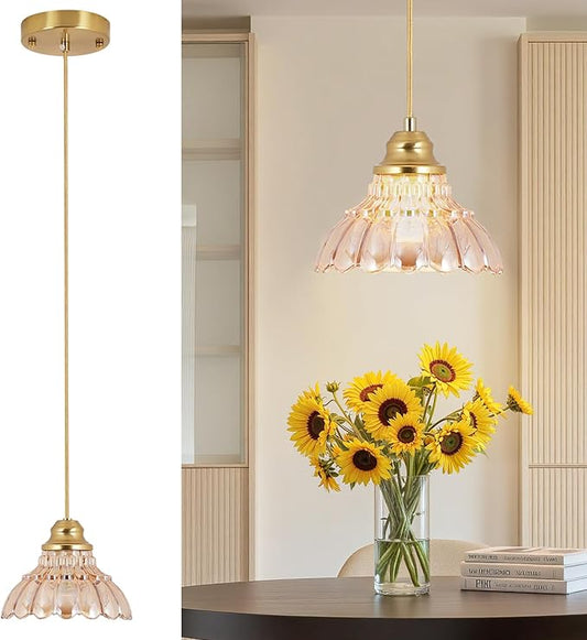 Vintage Pendant Lights Kitchen Island,Gold Pendant Light with Amber Glass Lampshade,Adjustable Hanging Light Fixture for Dining Room,Mini Chandeliers for Kitchen,Bedroom,Bathroom,Hallway
