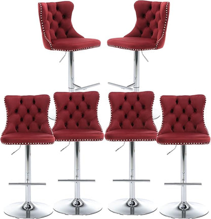 Rhomtree Velvet Swivel Bar Stools with Button Tufted Back and Pull Ring Height Adjustable Barstools 25-33 Inch for Home Pub and Kitchen Island (Burgundy with Silver Base, Set of 6)