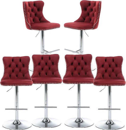 Rhomtree Velvet Swivel Bar Stools with Button Tufted Back and Pull Ring Height Adjustable Barstools 25-33 Inch for Home Pub and Kitchen Island (Burgundy with Silver Base, Set of 6)