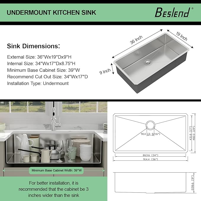 36 Undermount Kitchen Sink - Beslend 36x19 Inch Undermount Stainless Steel Kitchen Sink 16 Gauge Single Bowl Round Corner Single Dish Basin Under Counter Basin, Sink Only