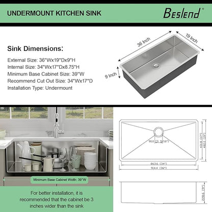 36 Undermount Kitchen Sink - Beslend 36x19 Inch Undermount Stainless Steel Kitchen Sink 16 Gauge Single Bowl Round Corner Single Dish Basin Under Counter Basin, Sink Only