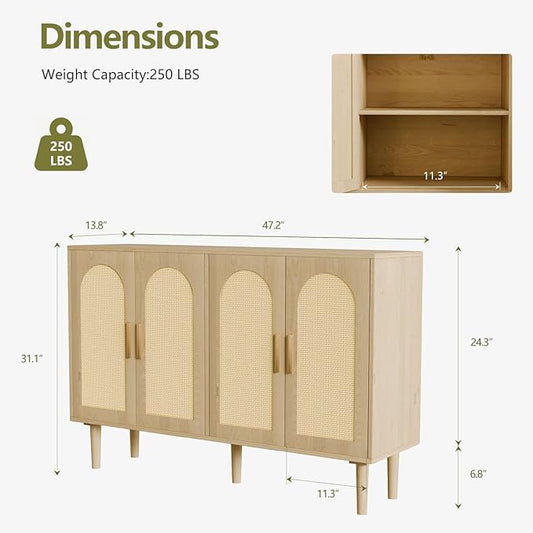 Large Sideboard Buffet Cabinet with Storage, Modern Credenza Buffet Table Coffee Bar Wine Bar Storage Cabinet with Artistic Carved Handle for Dining Room Living Room, (Oak)