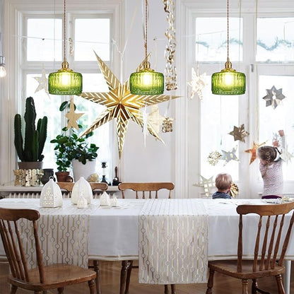 Lighting Green Pendant Light Mid Century Modern Hanging Light with Green Striped Glass Shade Vintage Kitchen Island Pendant Lights Gold Ceiling Pendant Light for Dining Room Bedroom