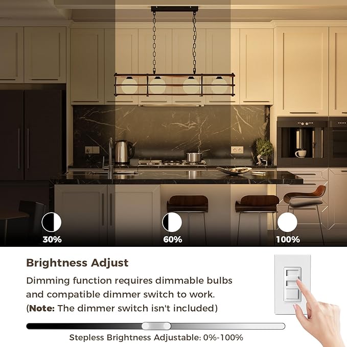 35.4" Farmhouse Dining Room Light Fixture, 4-Light Kitchen Island Lighting, Rustic Rectangular Chandeliers for Kitchen Island, Wood Linear Pendant Light Over Table