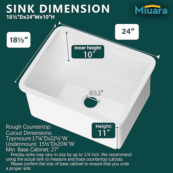 Miuara White Undermount Kitchen Sink 24 Inch - Small Topmount Fireclay Bar Sink Drop In 24"x19"x11", Dual Mount Deep Single Bowl, w 2 Accessories, Glossy White, for Kitchen & Laundry & Small Space