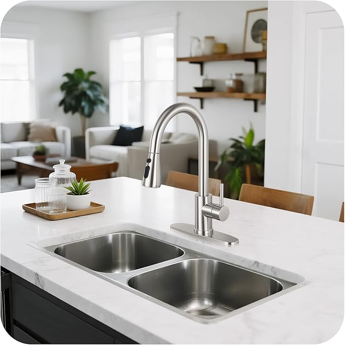 Kitchen Faucet with Pull Down Sprayer - Brushed Nickel Single Handle Kitchen Faucets, High Arc Stainless Steel Pull Out Kitchen Sink Faucet with Deck for RV Laundry Farmhouse Bar